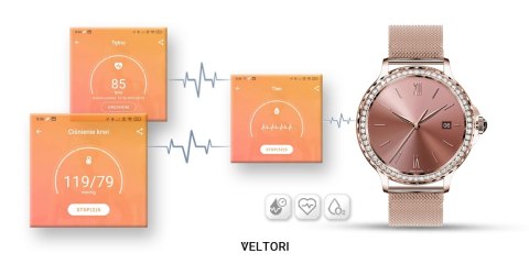 VELTORI Smartwatch Damski VELTORI VT320-1 Złota Bransoleta + Różowy Pasek Silikonowy