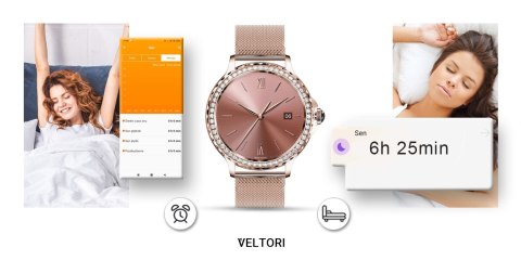 VELTORI Smartwatch Damski VELTORI VT320-1 Złota Bransoleta + Różowy Pasek Silikonowy