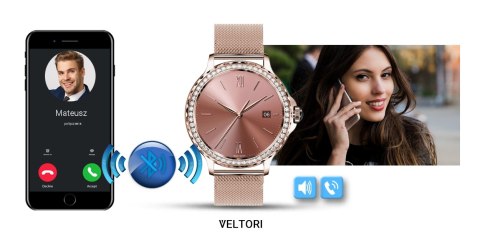 VELTORI Smartwatch Damski VELTORI VT320-1 Złota Bransoleta + Różowy Pasek Silikonowy