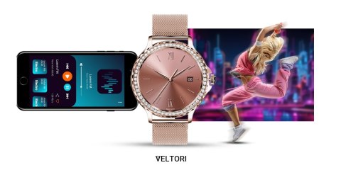 VELTORI Smartwatch Damski VELTORI VT320-1 Złota Bransoleta + Różowy Pasek Silikonowy