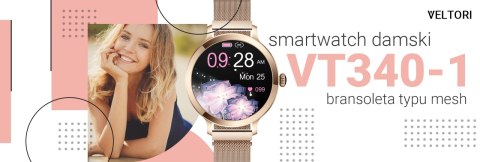 VELTORI Smartwatch Damski VELTORI VT340-1 Złota Bransoleta + Różowy Pasek Silikonowy