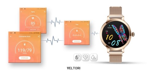 VELTORI Smartwatch Damski VELTORI VT340-1 Złota Bransoleta + Różowy Pasek Silikonowy