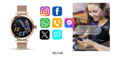 VELTORI Smartwatch Damski VELTORI VT340-1 Złota Bransoleta + Różowy Pasek Silikonowy