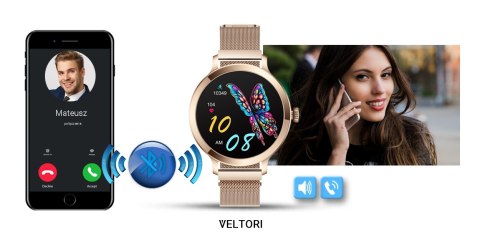 VELTORI Smartwatch Damski VELTORI VT340-1 Złota Bransoleta + Różowy Pasek Silikonowy