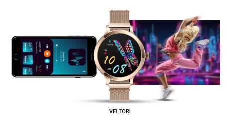VELTORI Smartwatch Damski VELTORI VT340-1 Złota Bransoleta + Różowy Pasek Silikonowy