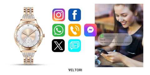 VELTORI Smartwatch Damski VELTORI VT350-1 Bransoleta Różowe Złoto