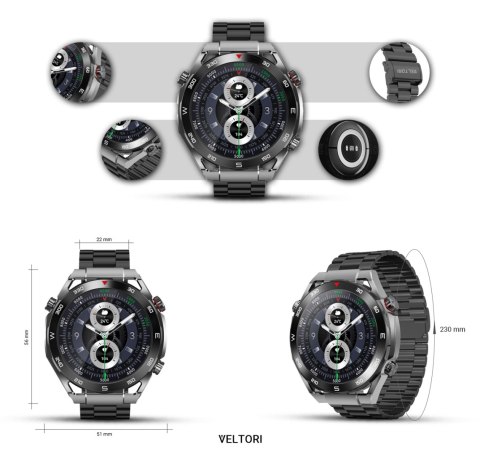 VELTORI Smartwatch VELTORI VT100-1 + Czarny Pasek Silikonowy + Czarny Eko Skóra