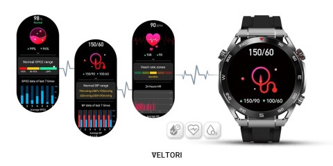 VELTORI Smartwatch VELTORI VT100-1 + Czarny Pasek Silikonowy + Czarny Eko Skóra