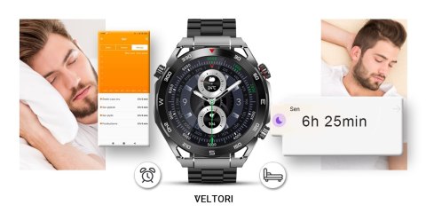 VELTORI Smartwatch VELTORI VT100-1 + Czarny Pasek Silikonowy + Czarny Eko Skóra
