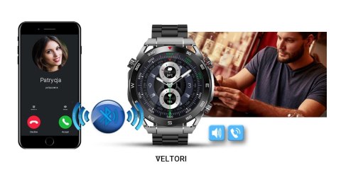 VELTORI Smartwatch VELTORI VT100-1 + Czarny Pasek Silikonowy + Czarny Eko Skóra