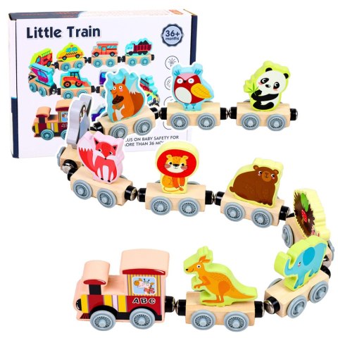 Pociąg Ze Zwierzętami Drewniany Magnetyczny Edukacyjny Lokomotywa Wagony LEAN TOYS
