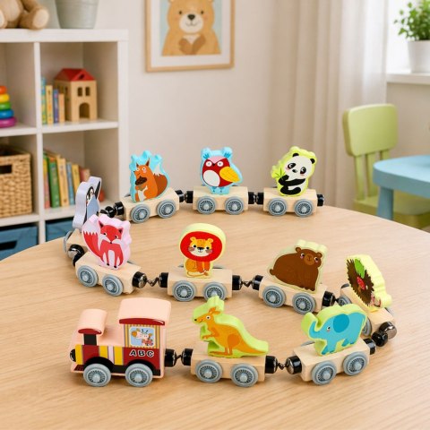 Pociąg Ze Zwierzętami Drewniany Magnetyczny Edukacyjny Lokomotywa Wagony LEAN TOYS