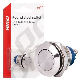 Włącznik płaski okrągły stalowy on/off 19mm 5a 12/230v amio-04474 AMiO