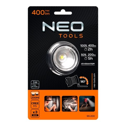 Latarka czołowa bateryjna 400 lm, zoom, CREE R5, 3 x AAA NEO TOOLS