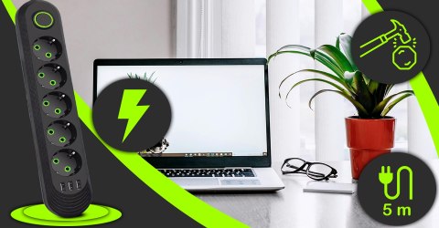 Przedłużacz 5m listwa zasilająca 5 gniazd 3 usb przycisk antyprzepięciowa RTO