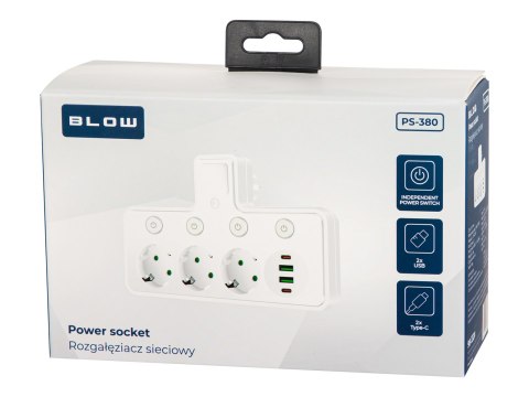 98-332# Rozgałęźnik ps-380 3-gniazda+2xusb+2xusb-c z lampką pir biały Blow
