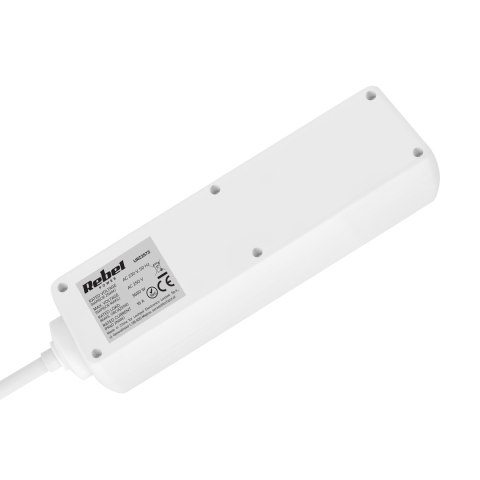 Przedłużacz 3 gniazda 2m typu niemieckiego z przełącznikiem (3x1,5mm) Rebel biały Rebel