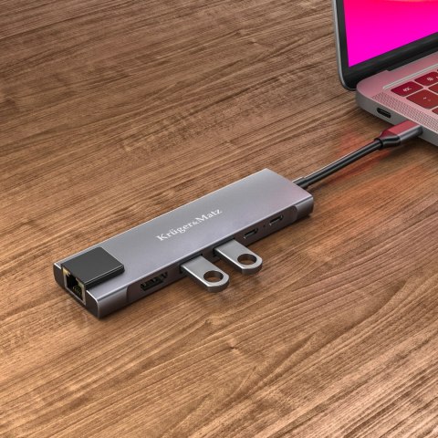 Adapter (HUB) USB typu C na HDMI/2x USB3.0/2x USB typu C/RJ45 Kruger&Matz