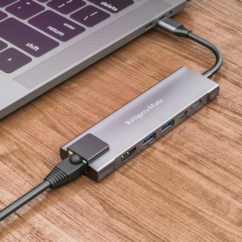 Adapter (HUB) USB typu C na HDMI/2x USB3.0/2x USB typu C/RJ45 Kruger&Matz