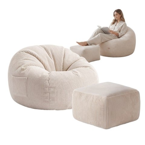 Fotel pufa sztruksowa z podnóżkiem Comfy 3.0 Beige