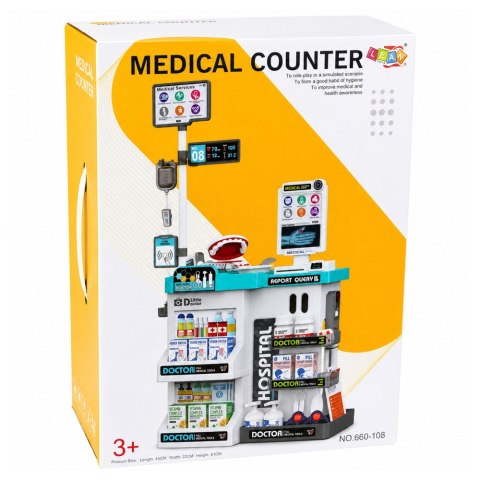 Duży Zestaw Lekarski Stolik Medyczny Doktor Światła Dźwięki Akcesoria 61el. LEAN TOYS