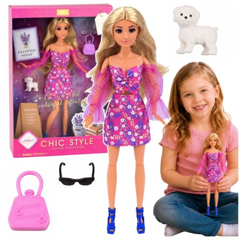 Lalka Anlily Fashion w Różowej Sukience Piesek Biały Torebka Okulary Zestaw LEAN TOYS