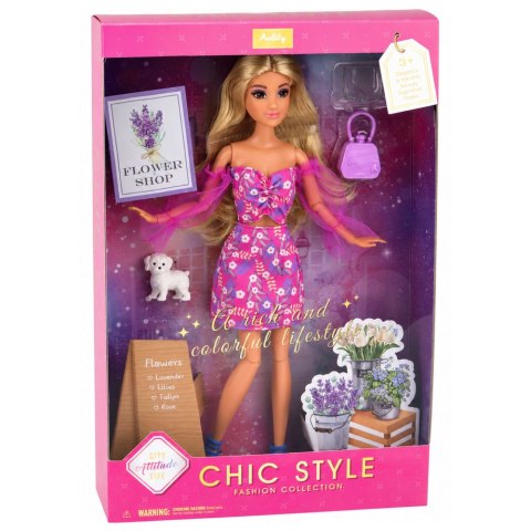Lalka Anlily Fashion w Różowej Sukience Piesek Biały Torebka Okulary Zestaw LEAN TOYS