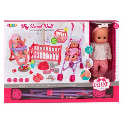 Zestaw 3w1 Interaktywna Lalka Bobas Sika Płacze Kołyska Wózek Akcesoria LEAN TOYS