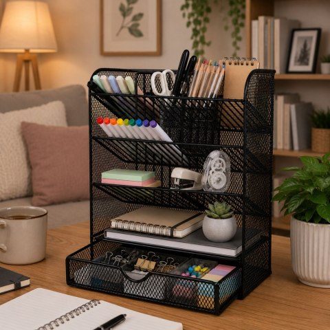 Metalowy Organizer Biurkowy Na Przybory Akcesoria Pisaki Czarny LEAN TOYS