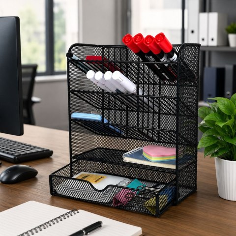 Metalowy Organizer Biurkowy Na Przybory Akcesoria Pisaki Czarny LEAN TOYS