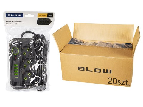 98-504# Przedłużacz sieciowy ps-330s 3-gniazda 4xusb 1xusb-c 3m czarny 3x1mm opakowanie Blow