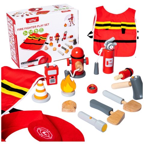 Zestaw Małego Strażaka Kostium Akcesoria Strażackie Drewno 14 El LEAN TOYS