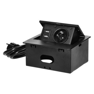 Wpuszczane gniazdo meblowe z ładowarką USB i przewodem 1,5m, 1x2P+Z, 2xUSB (typ A, 2,1A), płaski rant frezowany, czarny Orno