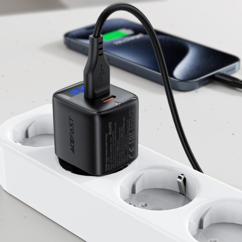 Ładowarka sieciowa z wyświetlaczem USB-A USB-C GaN PD 35W - czarna