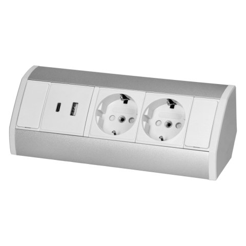 Gniazdo meblowe 2x2P+Z (Schuko), 2xUSB (typ A+C; 2,4A), biało-srebrne Orno