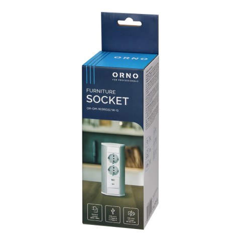 Gniazdo meblowe 2x2P+Z (Schuko), 2xUSB (typ A+C; 2,4A), biało-srebrne Orno