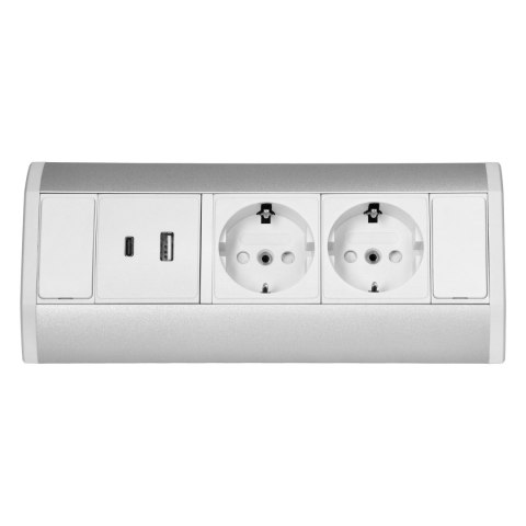 Gniazdo meblowe 2x2P+Z (Schuko), 2xUSB (typ A+C; 2,4A), biało-srebrne Orno