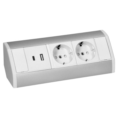 Gniazdo meblowe 2x2P+Z (Schuko), 2xUSB (typ A+C; 2,4A), biało-srebrne Orno