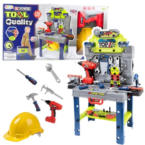 Stolik Majsterkowicza Walizka 2w1 Zestaw Narzędzi Wkrętarka Kask 133 el. LEAN TOYS
