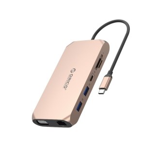 HUB adapter 12w1 USB-C - USB-A USB-C HDMI VGA SD RJ45 audio 3.5 mm PD 100W 4K - różowo złoty