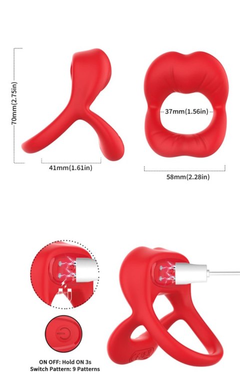 Pierścień wibrujący Big Mouth czerwony 9 funkcji B Series Joy 7 cm