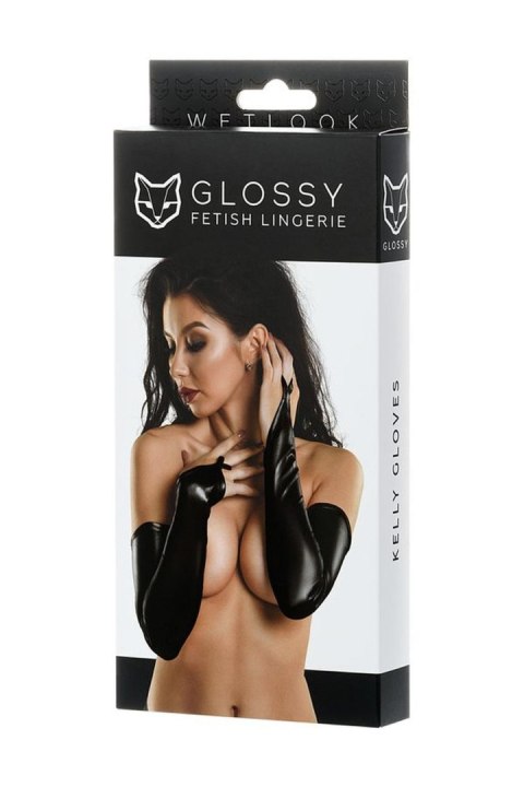 Błyszczące Mitenki Wetlook za Łokieć Glossy Czarne M