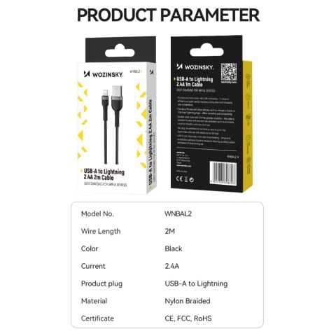 Kabel przewód do iPhone w oplocie USB-A - Lightning 2.4A 2m czarny