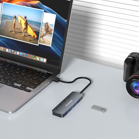 Hub rozdzielacz 4x USB-A z włącznikami aluminiowy - szary