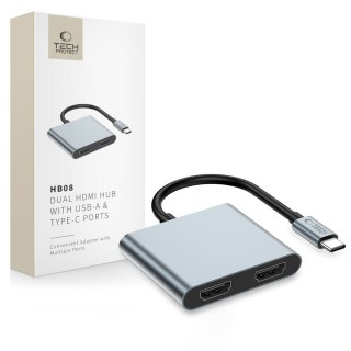 HUB adapter 4w1 USB-C USB-A 2x HDMI 4K 60HZ - szary