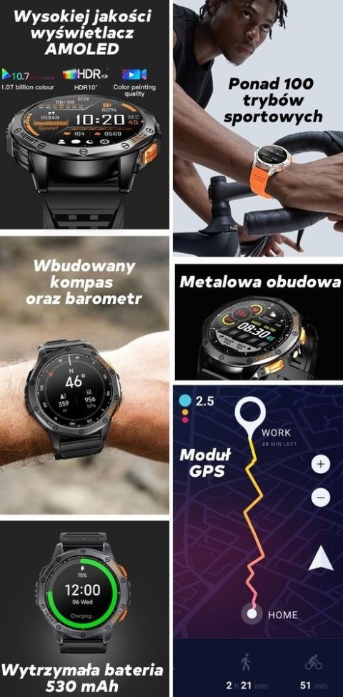 Gravity Smartwatch Męski GRAVITY GPS GT24-4 Czarny Pasek Silikonowy + Pomarańczowy Pasek Silikonowy