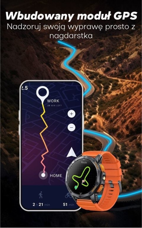 Gravity Smartwatch Męski GRAVITY GPS GT24-4 Czarny Pasek Silikonowy + Pomarańczowy Pasek Silikonowy