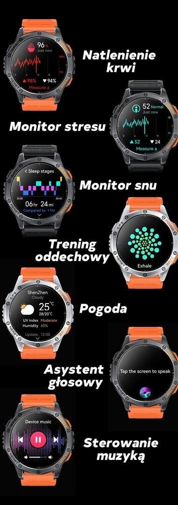 Gravity Smartwatch Męski GRAVITY GPS GT24-4 Czarny Pasek Silikonowy + Pomarańczowy Pasek Silikonowy